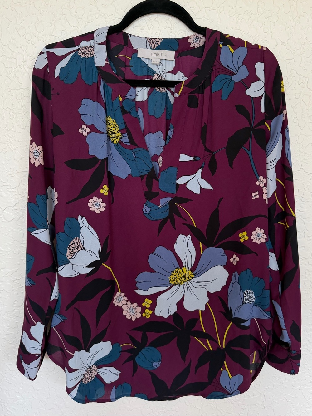 LOFT Floral Tie Neck Blouse Women’s XS Burgundy Teal Long Sleeve Workwear